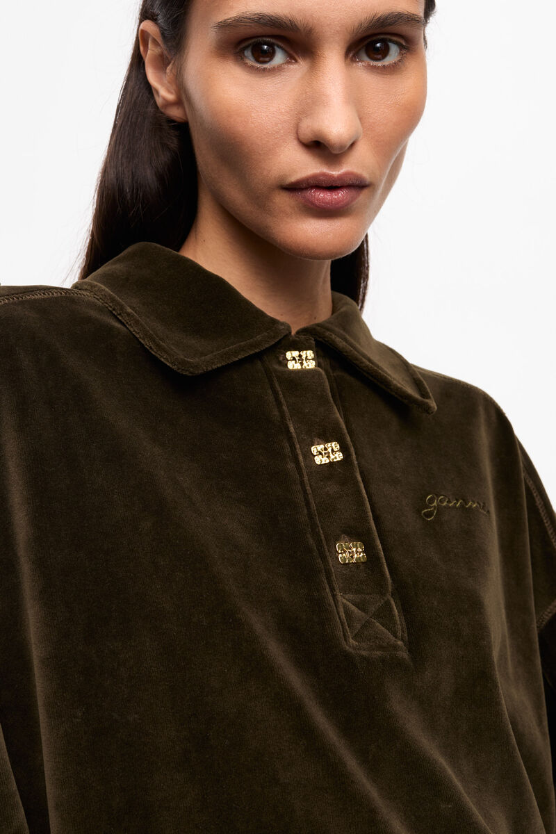 Green Velour Drop Shoulder Polo Shirt, Cotton, in colour Kalamata - 4 - GANNI