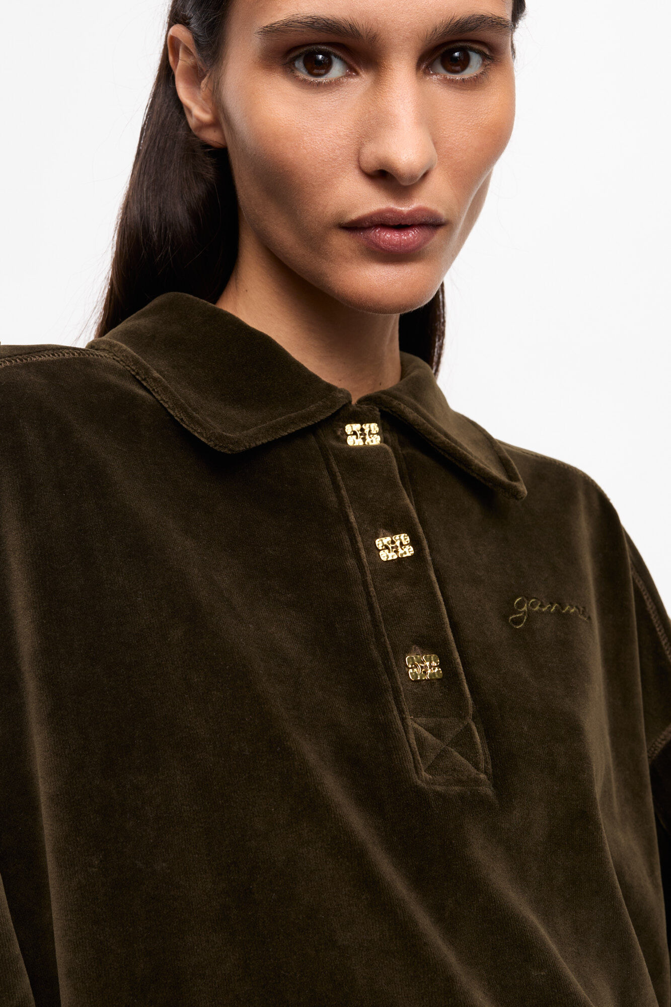 Green Velour Drop Shoulder Polo Shirt, Cotton, in colour Kalamata - 4 - GANNI