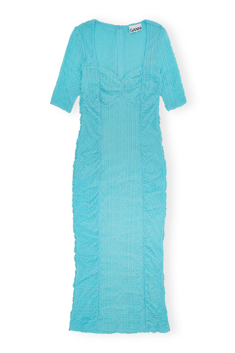 Stretch Lace Ruched Midi Dress, Elastane, in colour Blue Curacao - 1 - GANNI