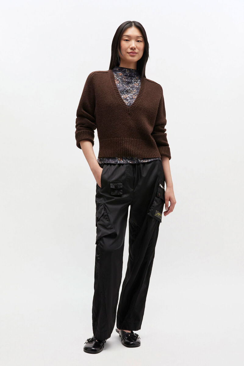 Brown V-neck Jumper, Wool, in colour Shaved Chocolate - 2 - GANNI