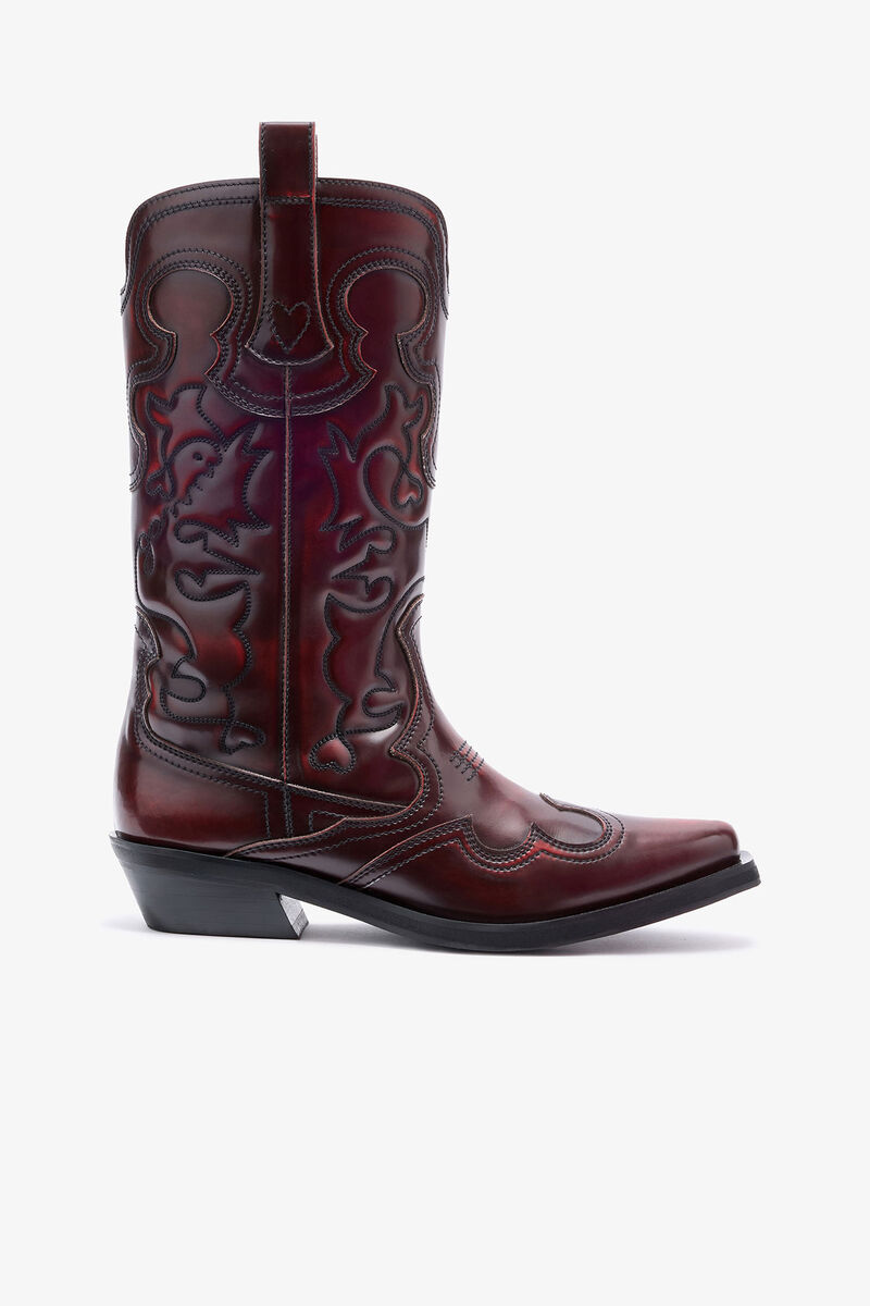 Mid Shaft Embroidered Western Boots in Burgundy, Polyurethane, in colour Black/Dark Burgundy - 1 - GANNI
