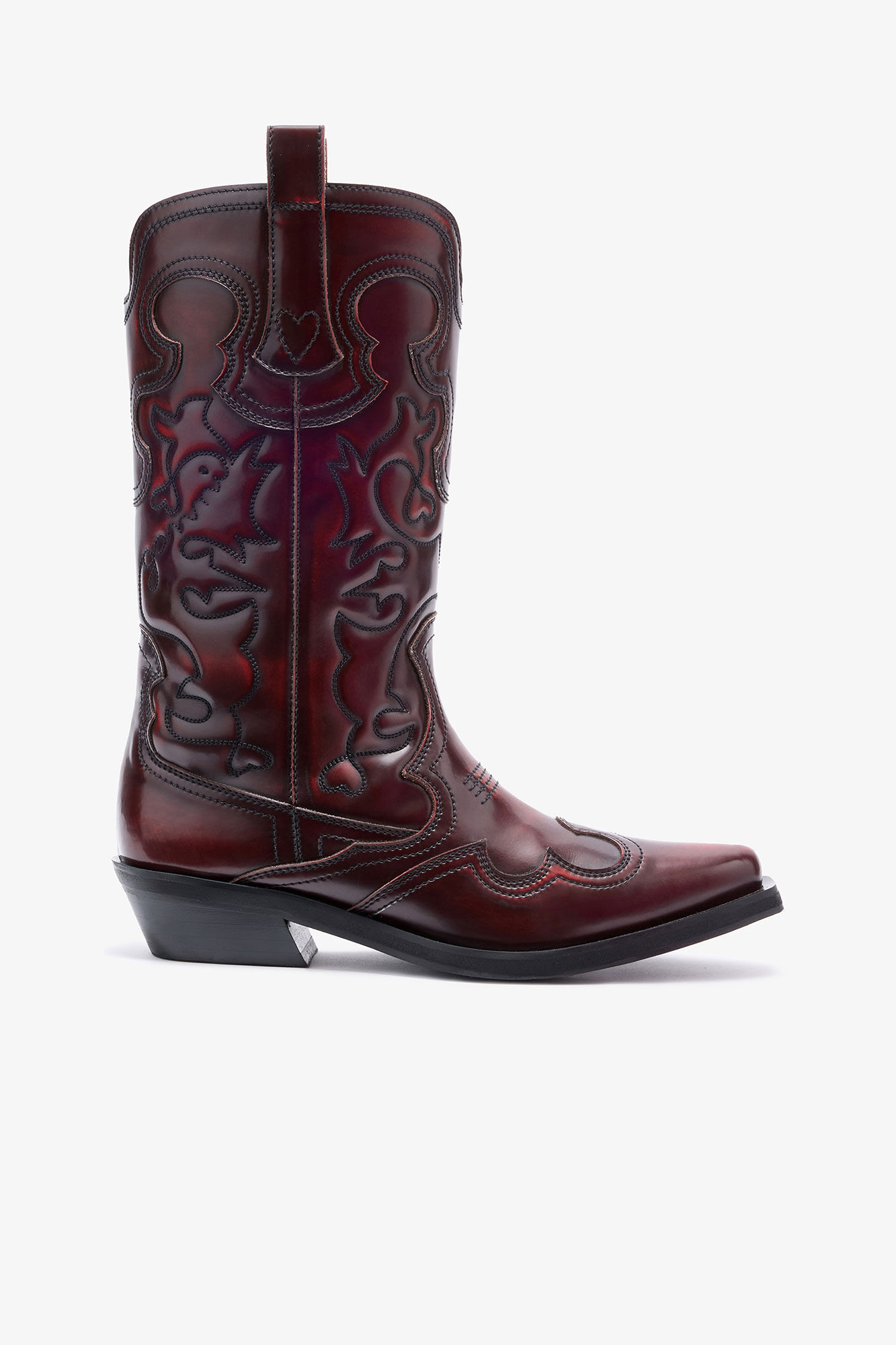 Westernstiefel mit mittlerer Schaftlänge und Stickerei in Dunkelrot, Polyurethane, in colour Black/Dark Burgundy - 1 - GANNI