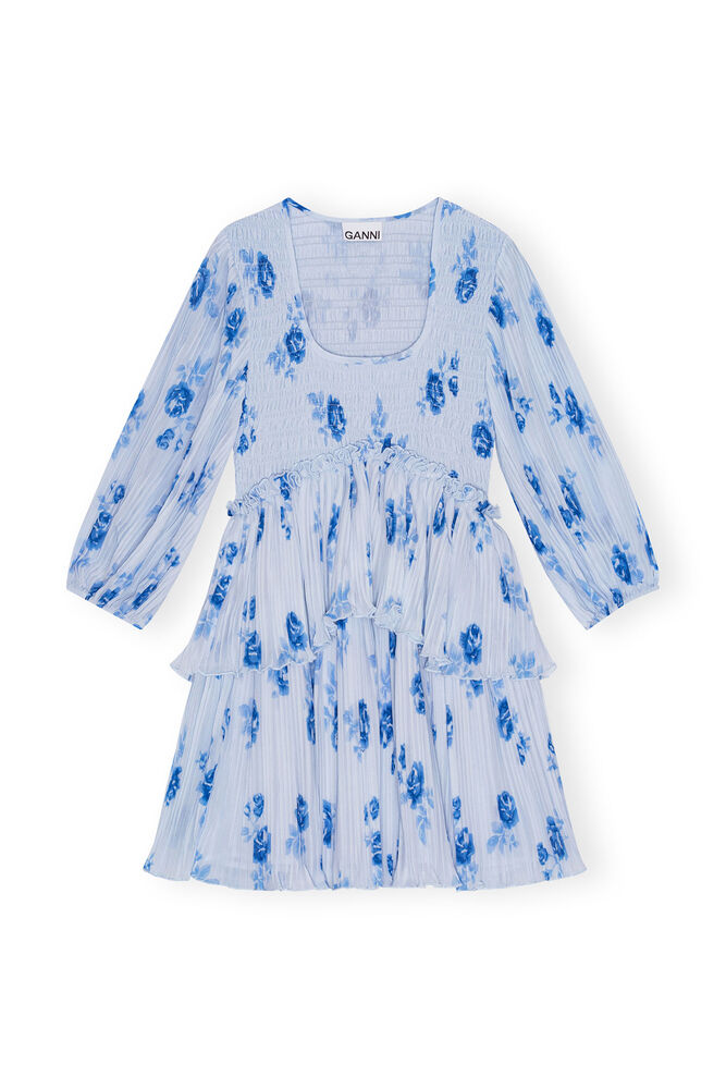 Robe Blue Pleated Georgette Flounce Smock Mini, Heather