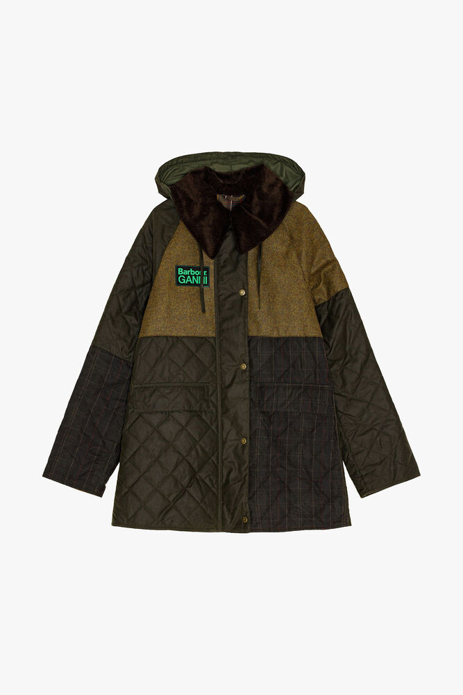 GANNI x Barbour Short Burghley Quilted Wax Jacket, Kalamata