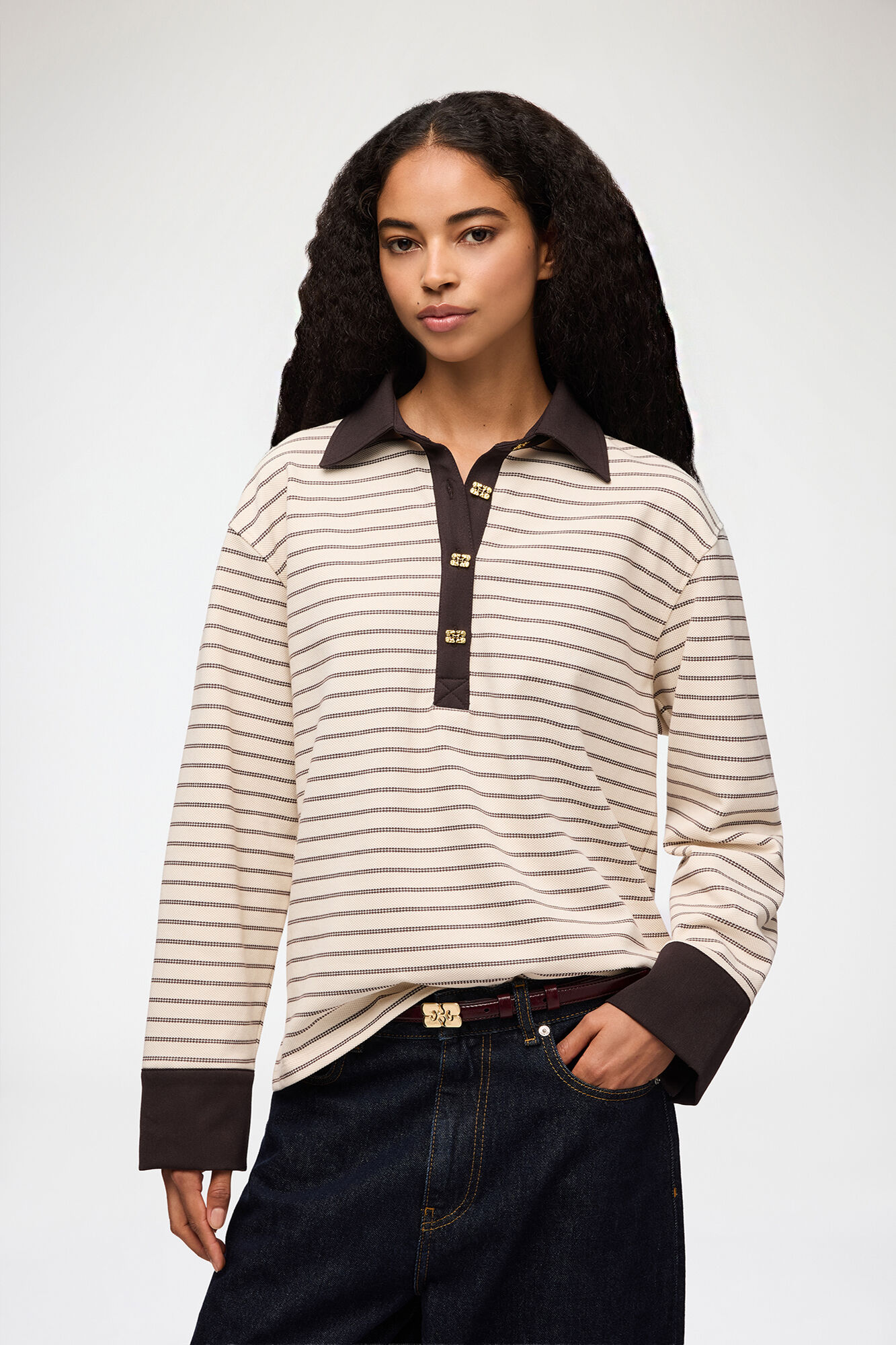 Polo Shirt in Stripe, Organic Cotton, in colour Chocolate Brown - 1 - GANNI