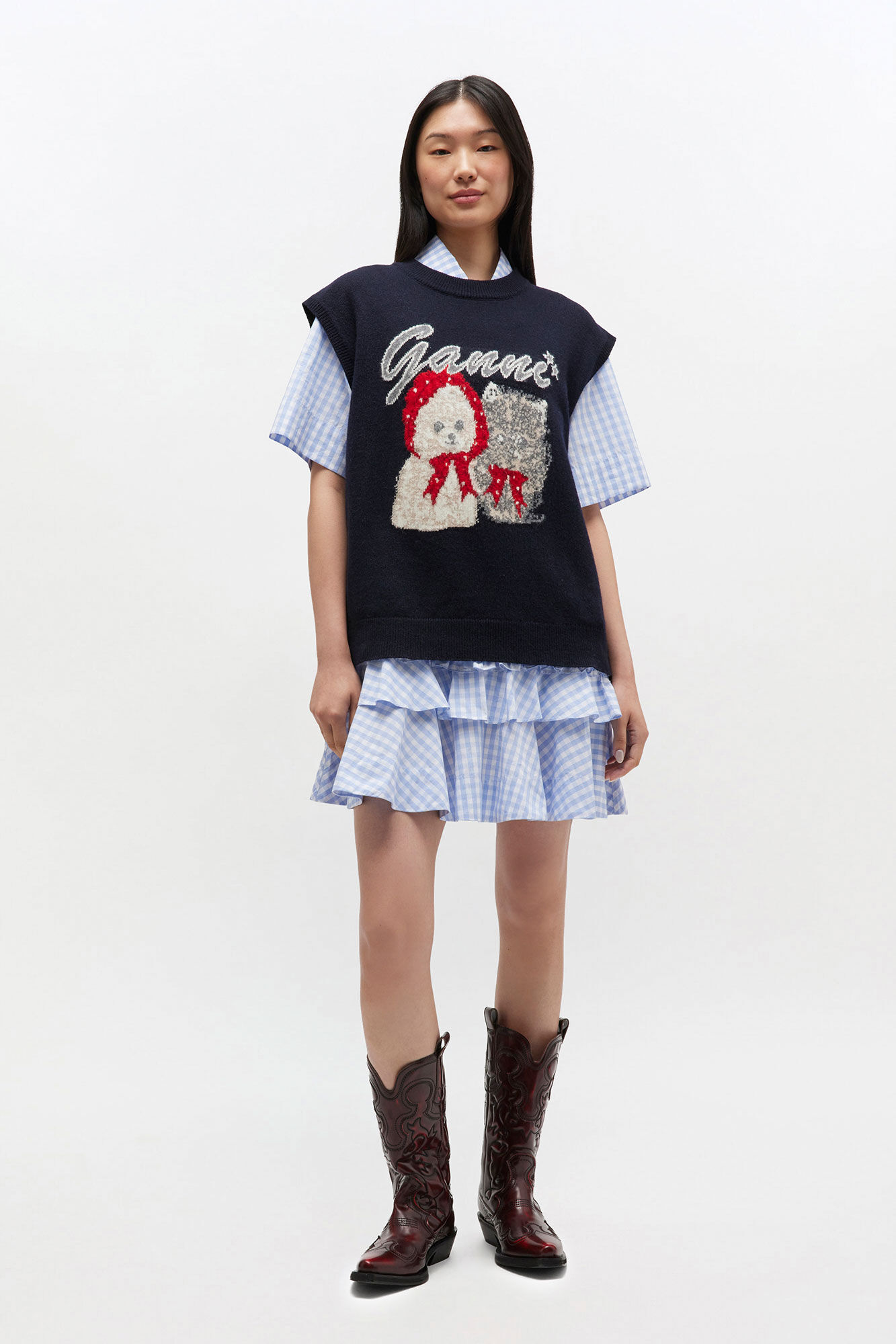 Black Animal Graphic Vest, Recycled Polyamide, in colour Sky Captain - 1 - GANNI