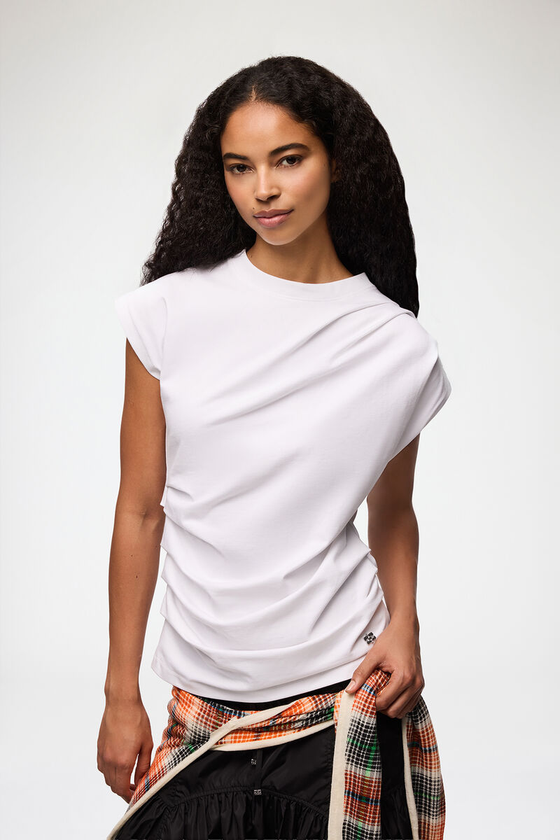 Top in Draped Jersey, Organic Cotton, in colour Bright White - 1 - GANNI