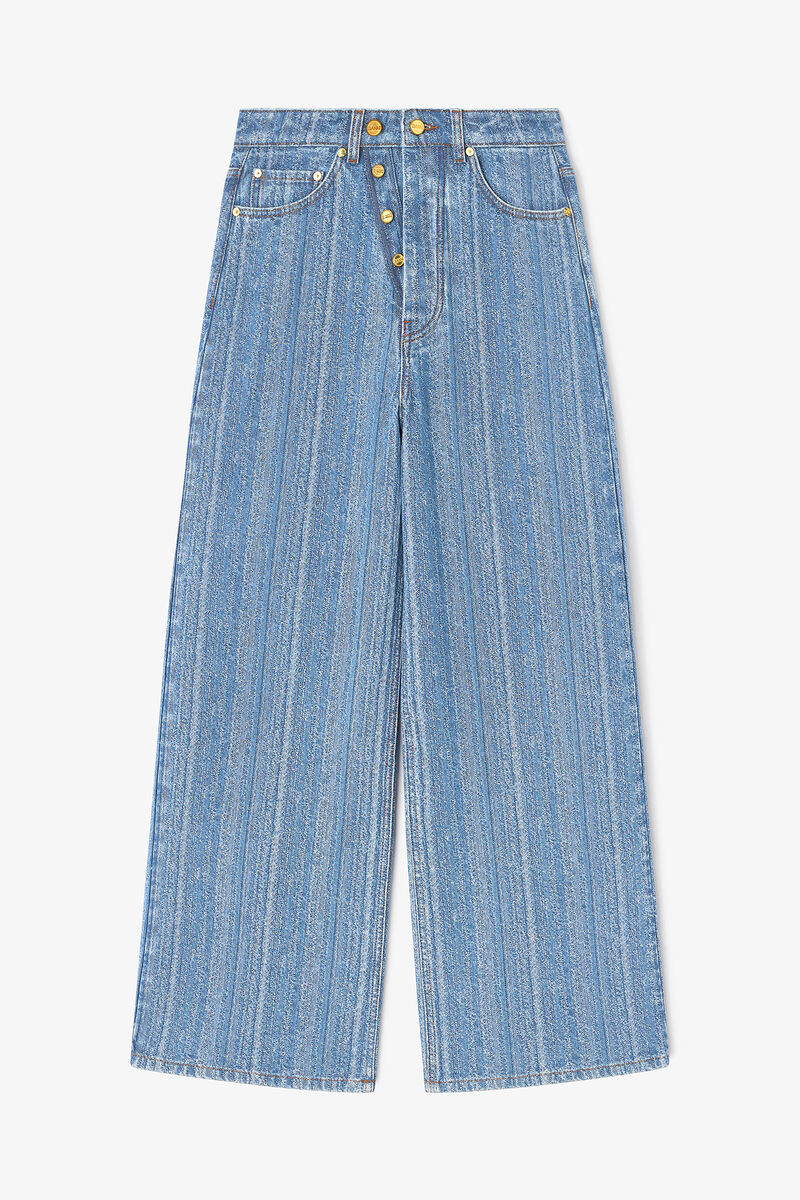 Baggy Jeans in Striped Denim, Organic Cotton, in colour Mid Blue Stone - 1 - GANNI