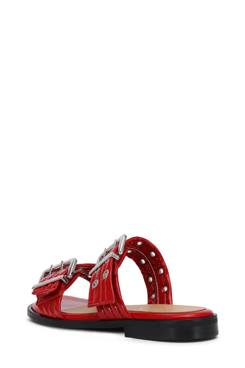 Red Feminine Buckle Two-Strap Sandals, Cotton, in colour Racing Red - 3 - GANNI