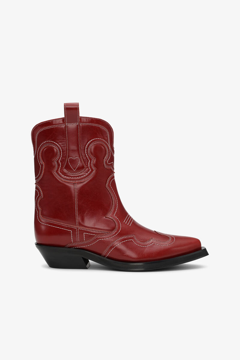 Bottes Western Red Low Shaft Embroidered, Calf Leather, in colour Barbados Cherry - 1 - GANNI