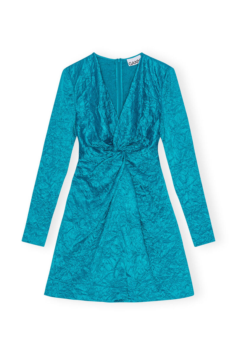 Blue Crinkled Satin Gathered Knot Mini klänning, Elastane, in colour Algiers Blue - 1 - GANNI