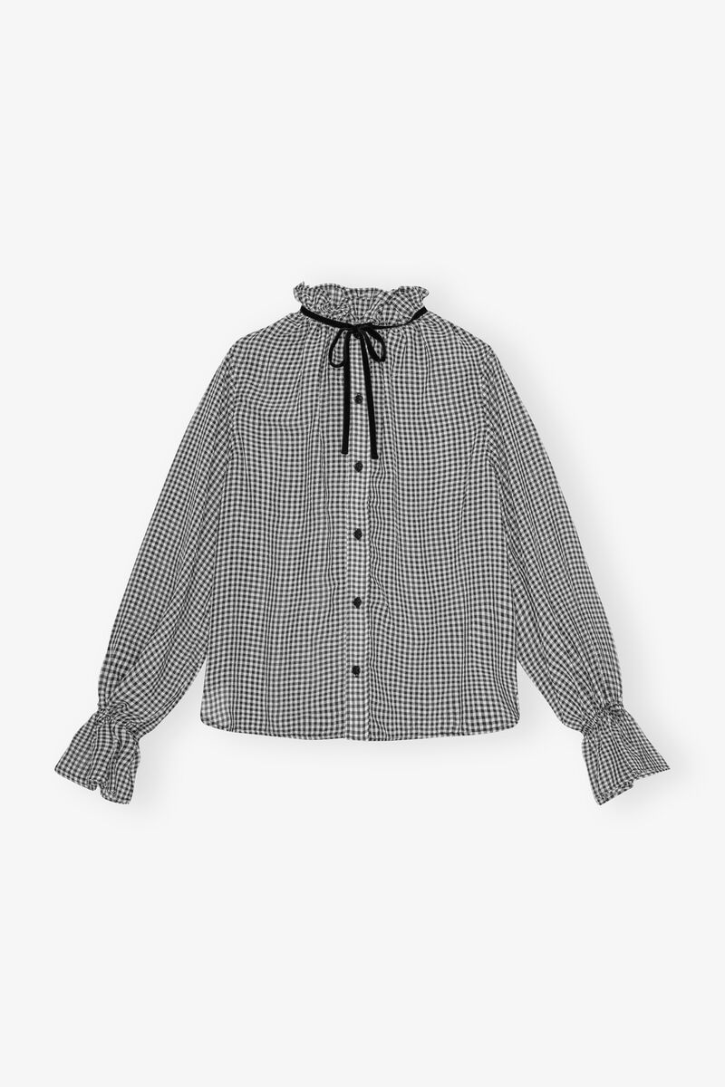 Sheer Check Tie String Shirt, Recycled Polyester, in colour Black - 1 - GANNI