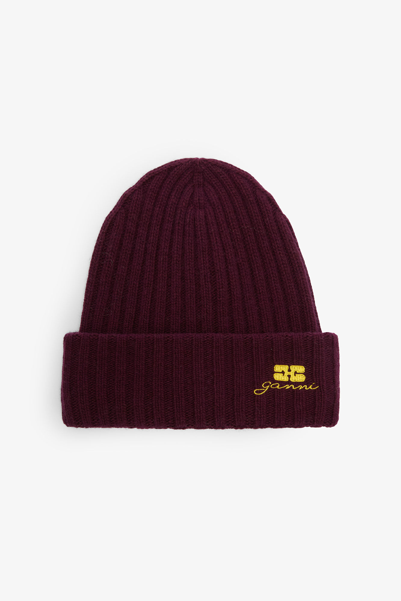 Burgundy Wool Knit Beanie, Viscose, in colour Burgundy - 1 - GANNI