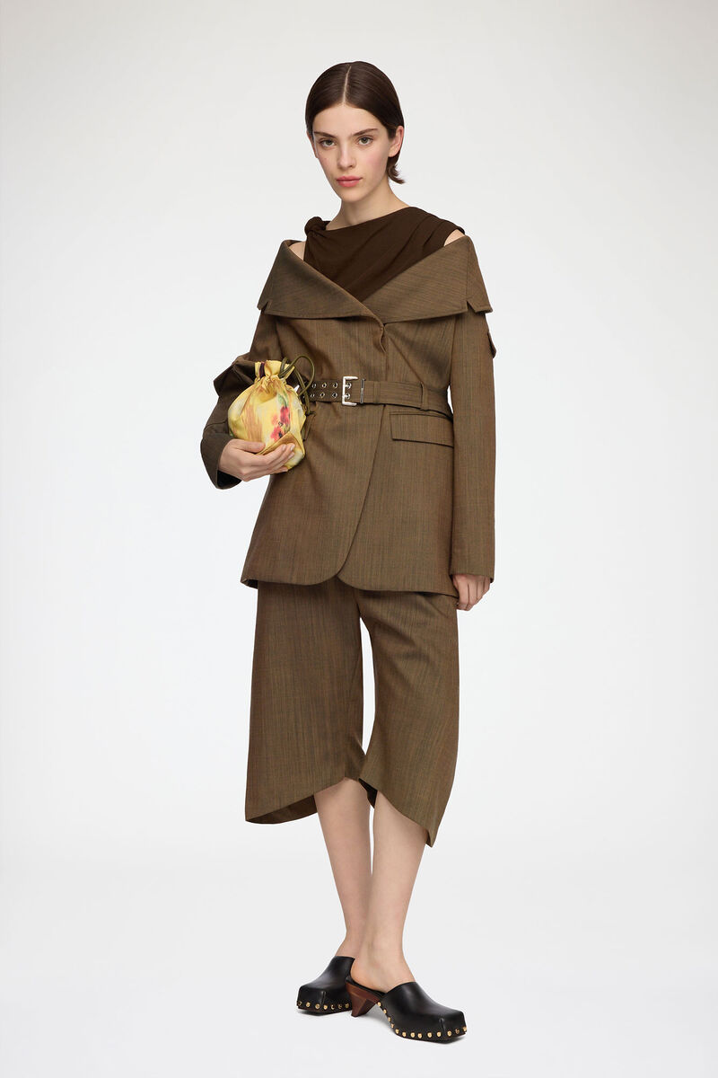 Blazer in Brown Wool Melange, Recycled Wool, in colour Canteen - 2 - GANNI