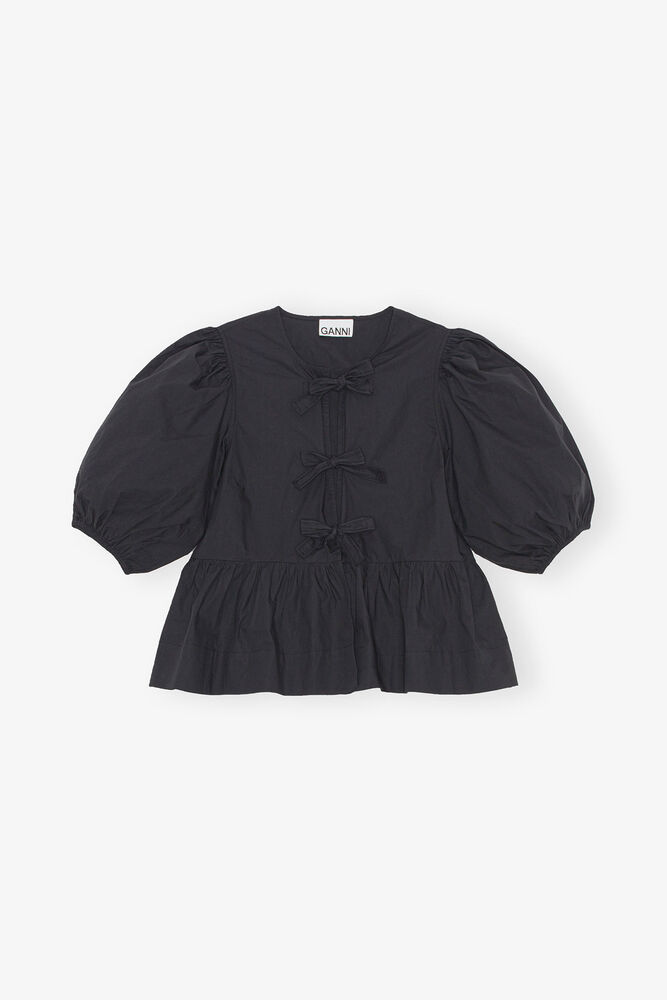 Cotton Poplin Peplum Tie Blouse, Black
