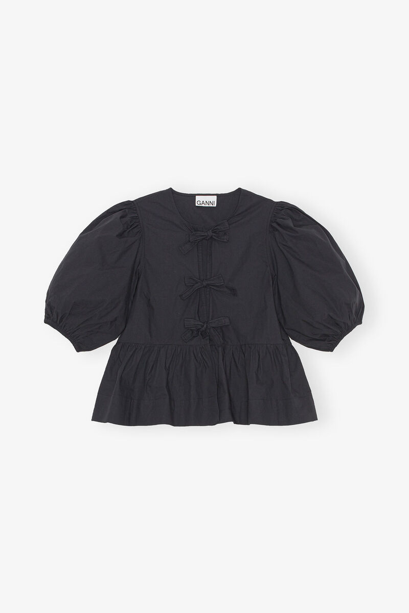 Cotton Poplin Peplum Tie Blouse, Organic Cotton, in colour Black - 1 - GANNI