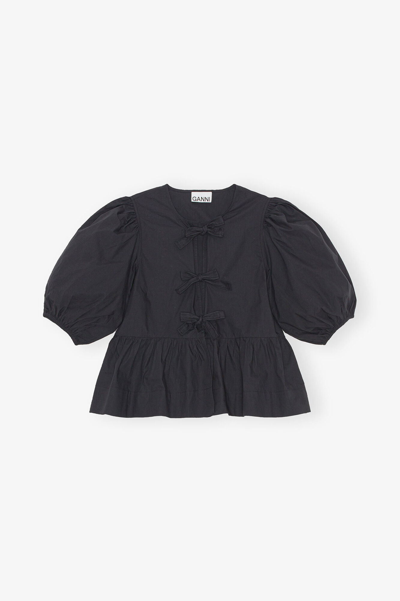 Cotton Poplin Peplum Tie Blouse, Organic Cotton, in colour Black - 1 - GANNI