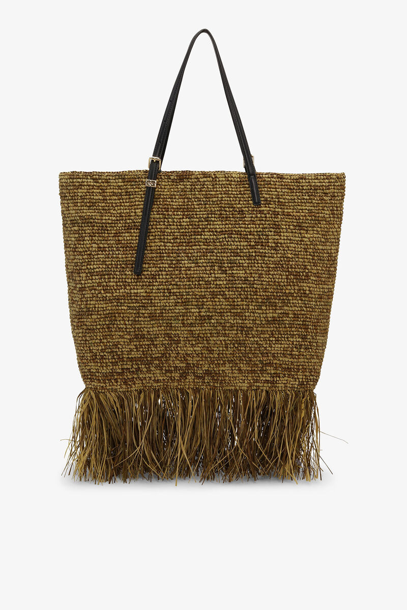Raffia Tote Fringes Bag, in colour Spinach Green - 3 - GANNI