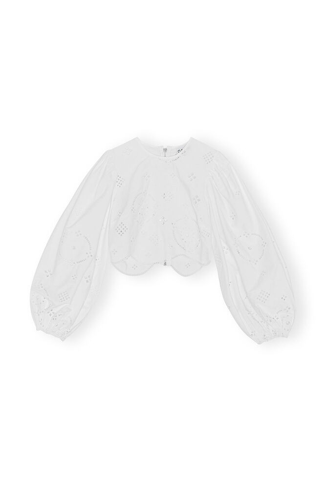 Broderie Anglaise Cropped Blouse, Bright White