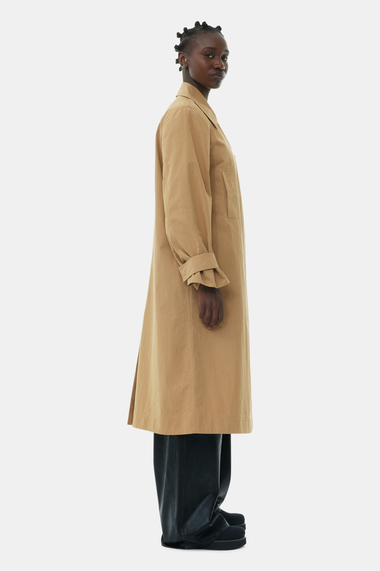 Beige Cotton Twill Buckle Coat, Nylon, in colour Tiger's Eye - 3 - GANNI