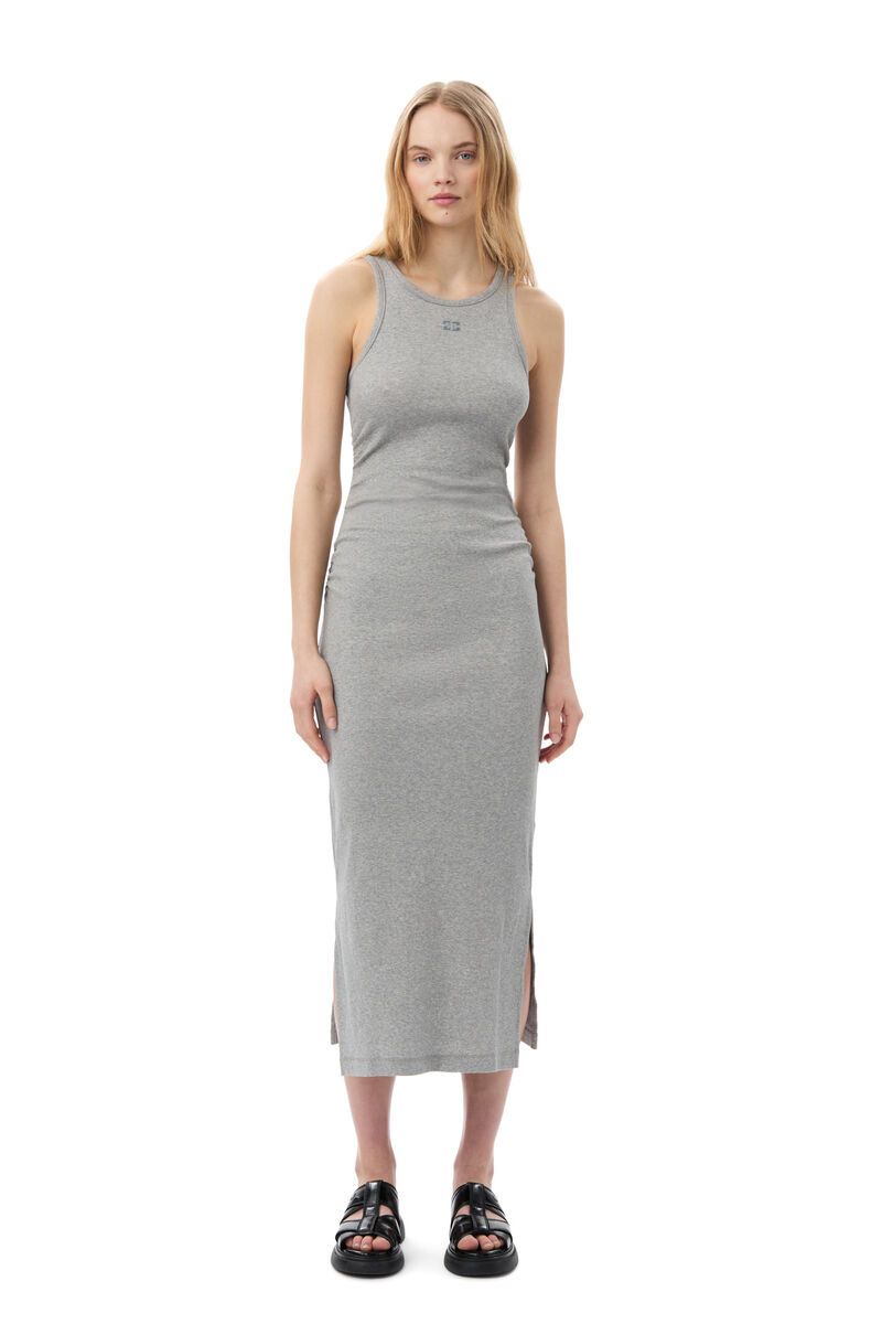 Grey Soft Cotton Rib Tank Top Long Dress, Elastane, in colour Paloma Melange - 1 - GANNI