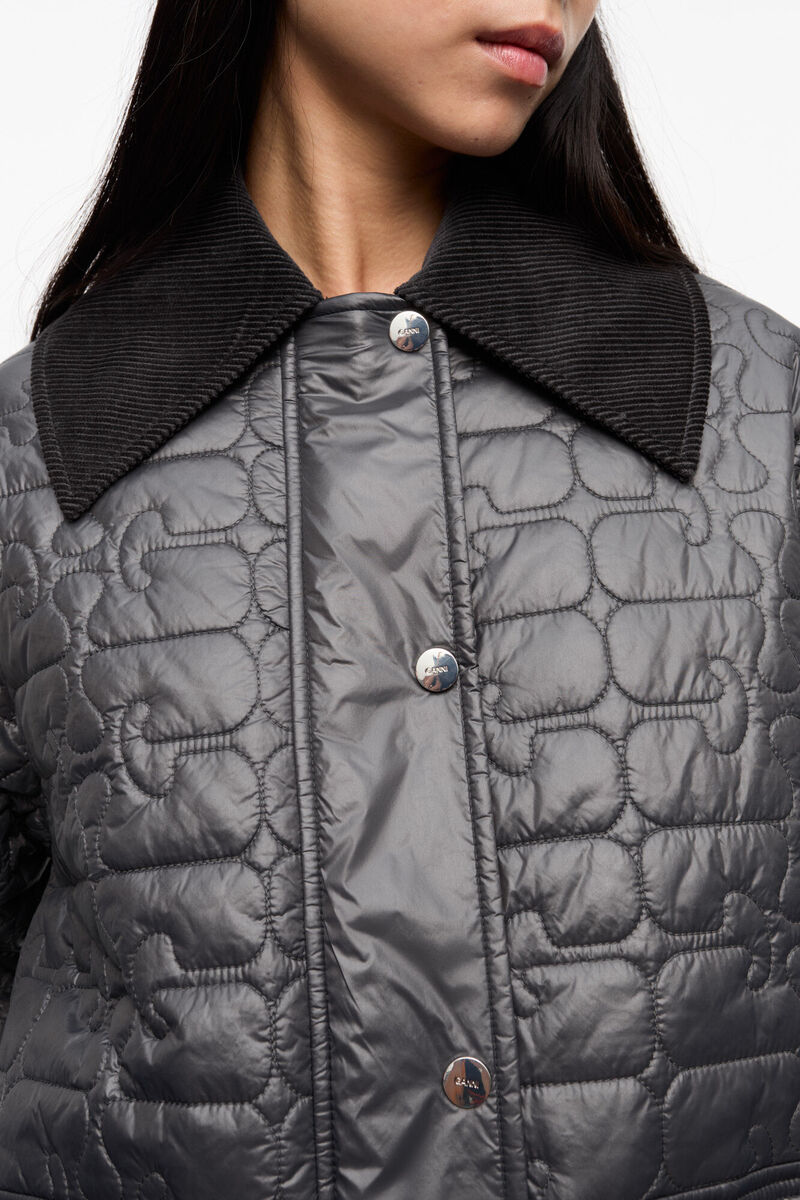 Black Shiny Quilt Midi Jacket, Recycled Nylon, in colour Phantom - 4 - GANNI