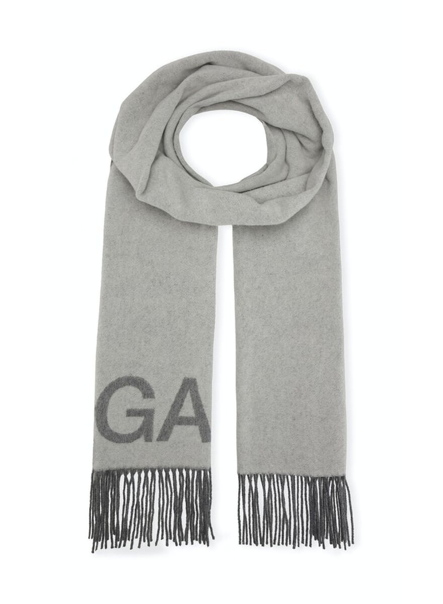 Wool Mix Fringed Wool Scarf, Recycled Wool, in colour Paloma Melange - 1 - GANNI