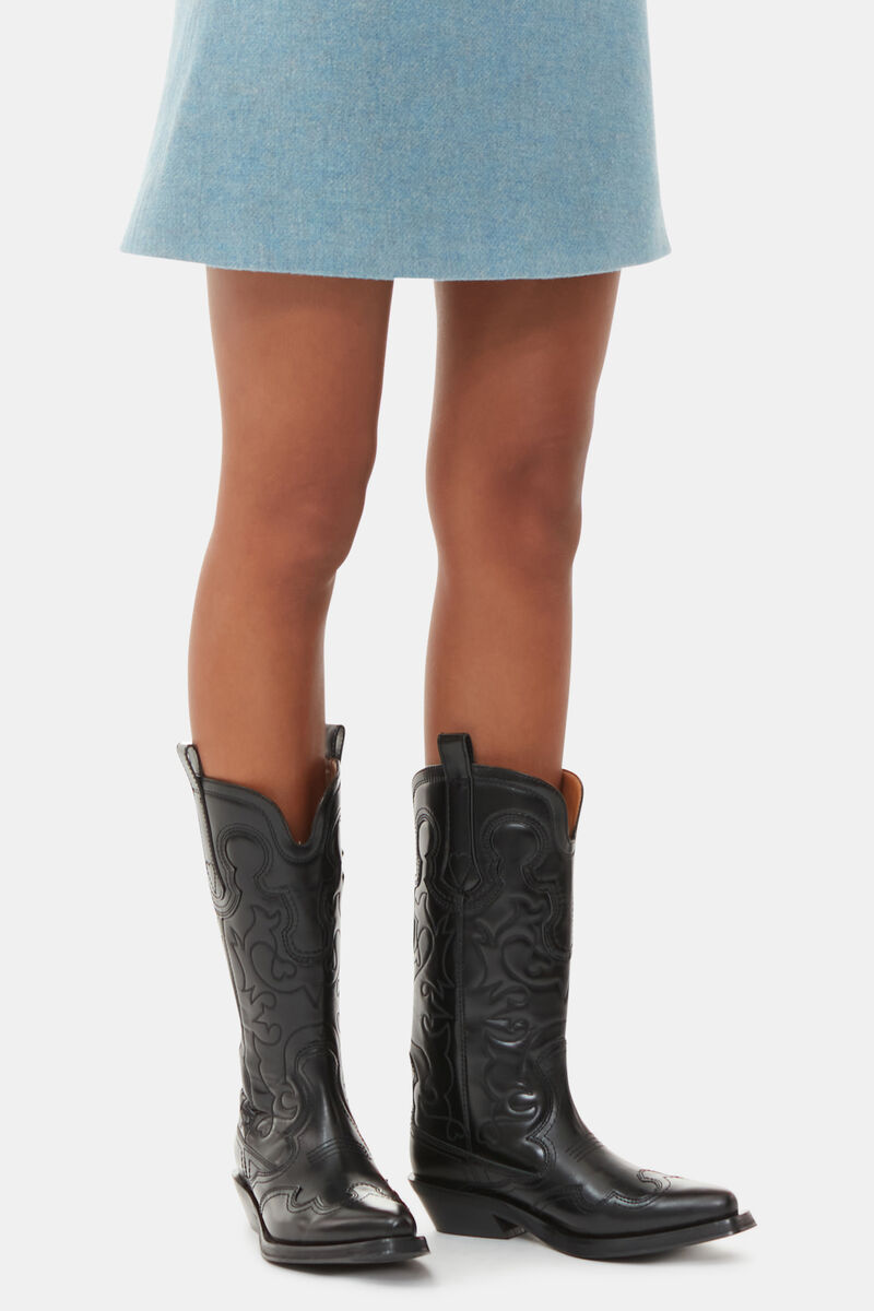 Bottes Western Black Mid Shaft Embroidered, Calf Leather, in colour Black/Black - 1 - GANNI