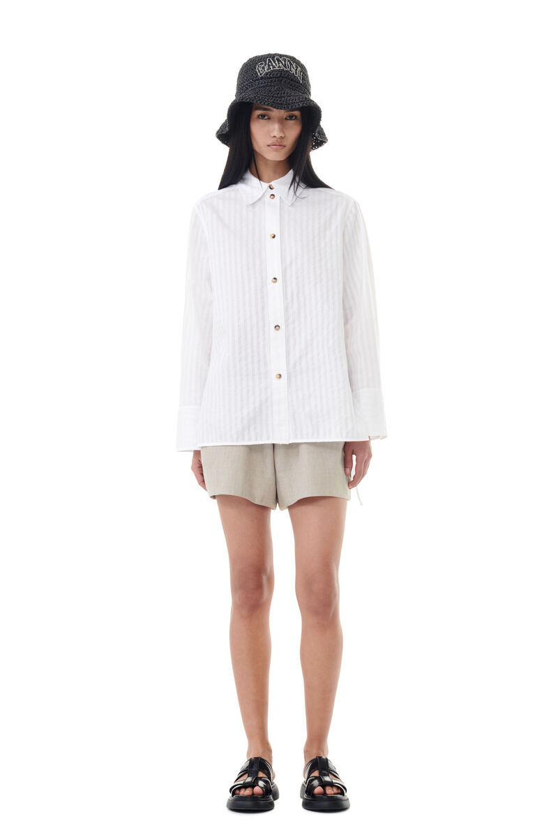 White Tonal Stripe Oversized Hemd, Cotton, in colour Bright White - 2 - GANNI