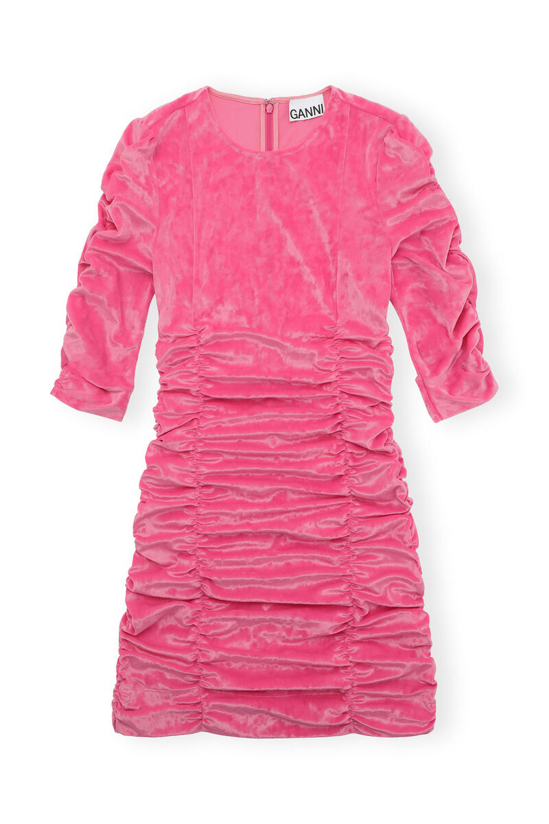 Velvet O-neck Dress, in colour Shocking Pink - 1 - GANNI