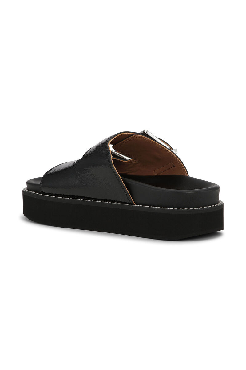 Wide Welt Chunky Buckle Flat Sandals, Calf Leather, in colour Black - 2 - GANNI