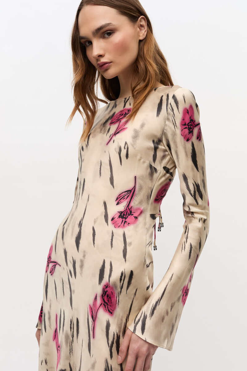Floral Satin Maxi Dress, Elastane, in colour Egret - 3 - GANNI