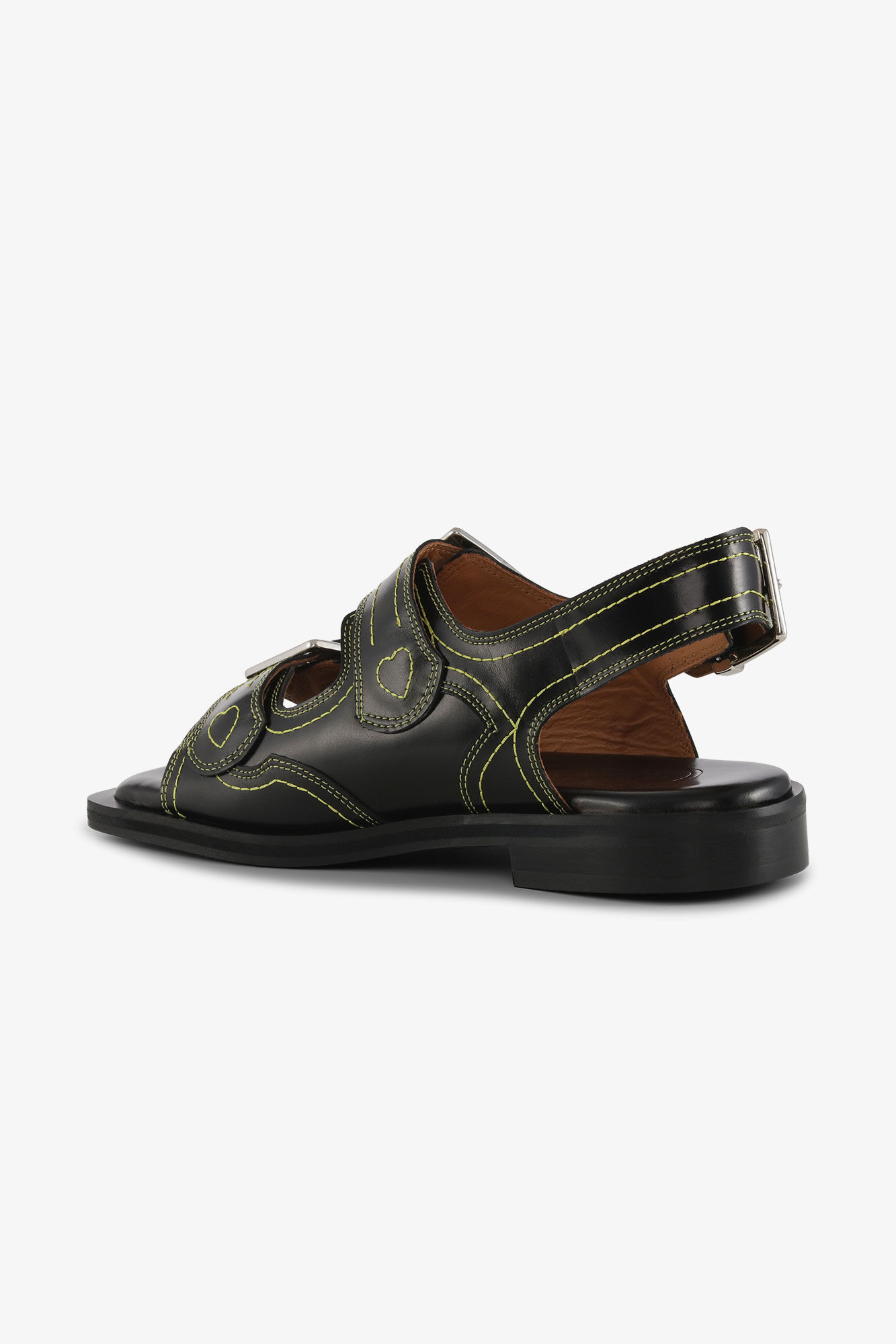 Embroidered Western Sandals, Calf Leather, in colour Black/Yellow - 3 - GANNI