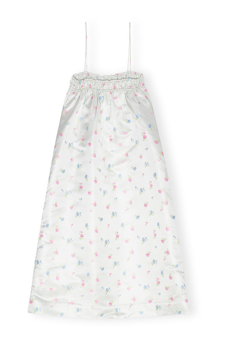 Floral Sateen Jacquard Midi Strap Dress, Polyester, in colour Tofu - 2 - GANNI