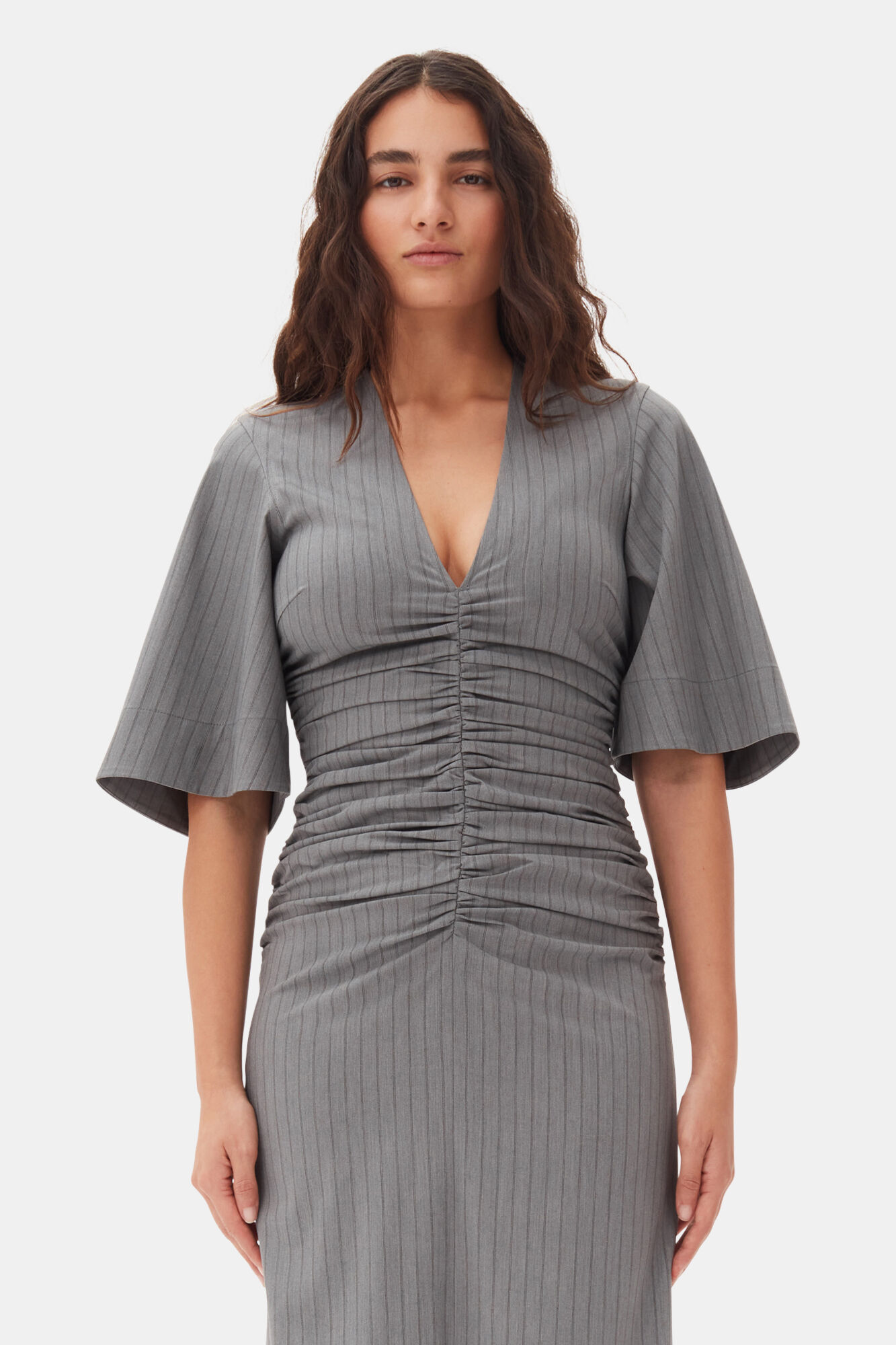 Grey Striped Suiting V-neck Fitted Dress, Elastane, in colour Mirage Gray - 2 - GANNI