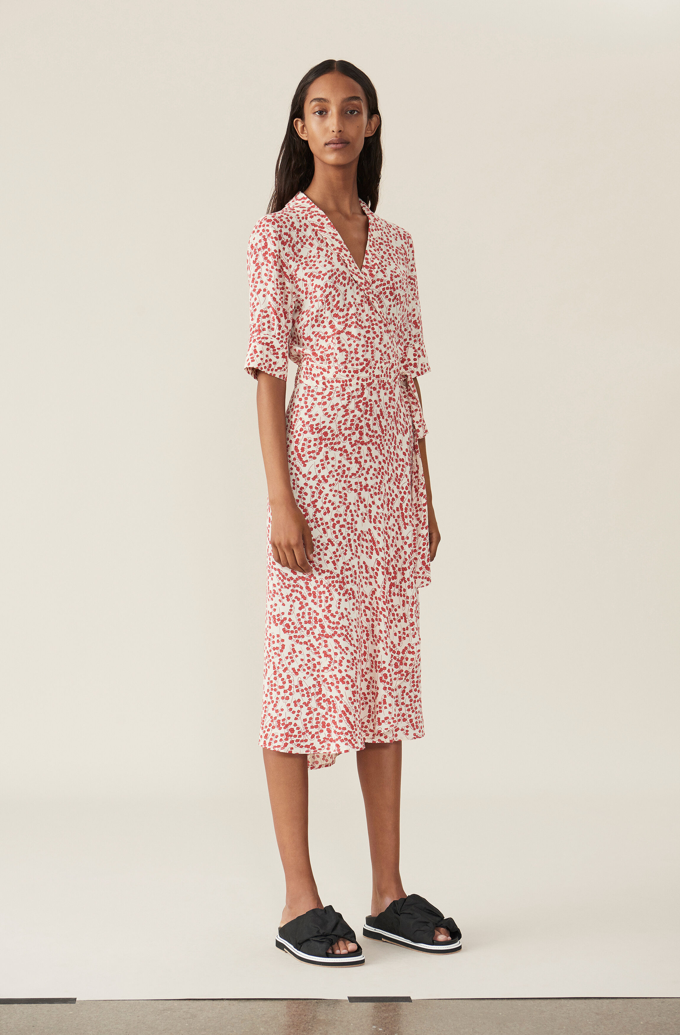 Ganni Printed Crepe Wrap Dress In Pink