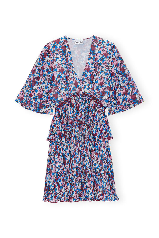 Multicolour Pleated Georgette V-neck Flounce Mini Dress, Multicolour