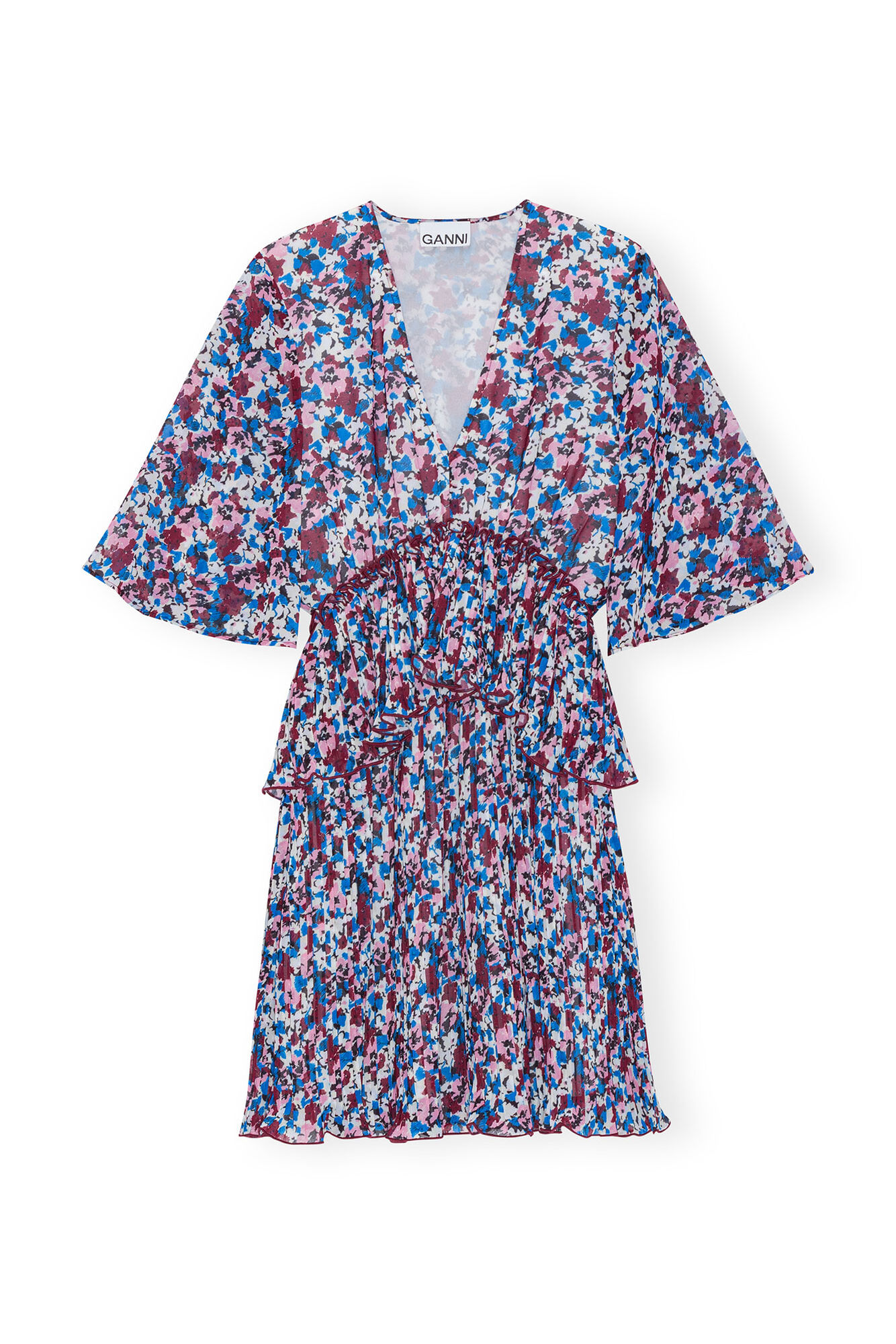 Multicolour Pleated Georgette V-neck Flounce Mini Dress, Recycled Polyester, in colour Multicolour - 1 - GANNI
