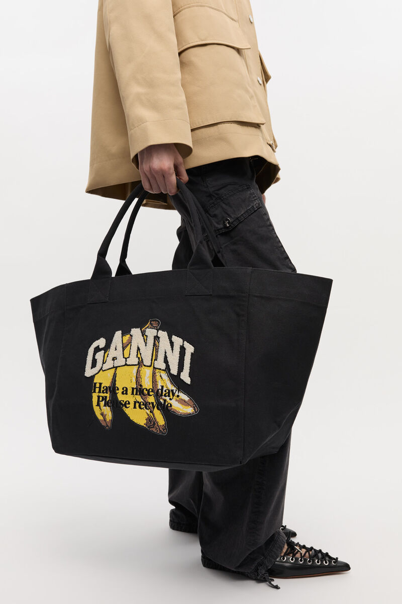 Black XXL Banana Print Tote, Recycled Cotton, in colour Black - 3 - GANNI