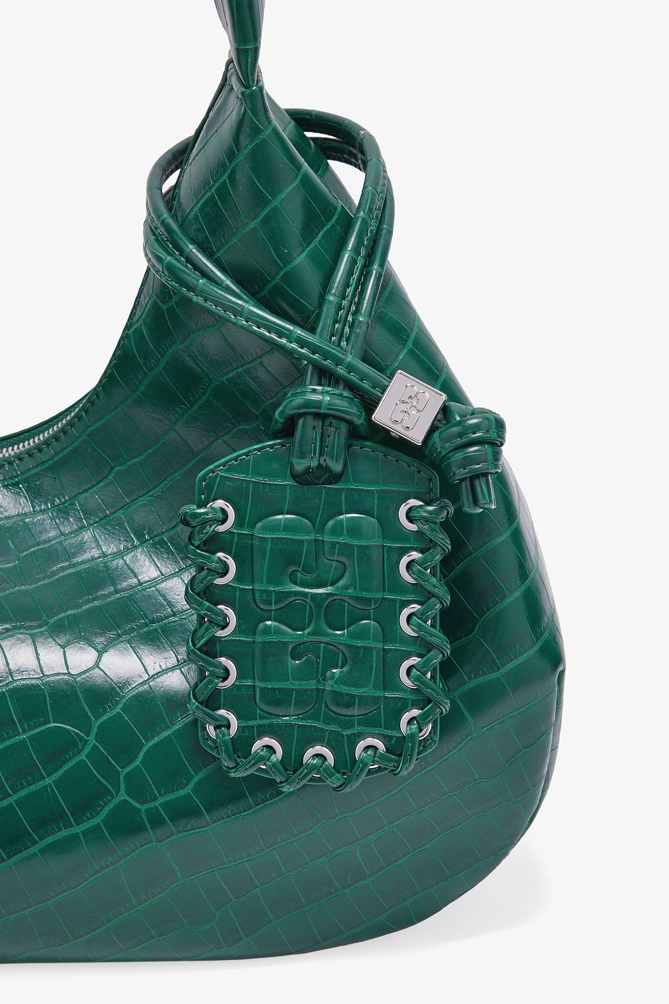 Mittelgroße Croco-Hobo-Tasche in Grün, Lyocell, in colour Pineneedle - 3 - GANNI