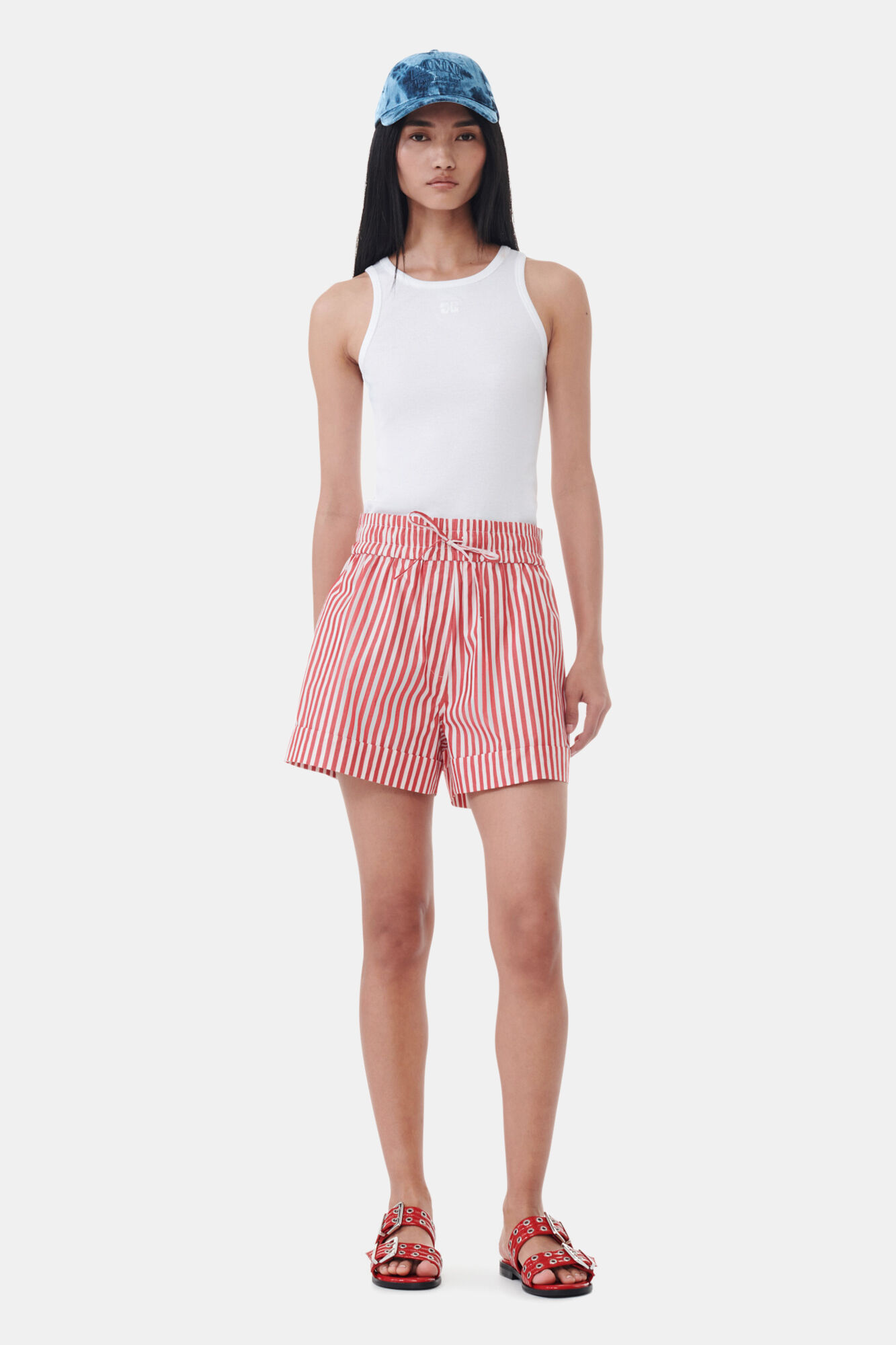 Red Stripe Cotton Shorts, Cotton, in colour Barbados Cherry - 1 - GANNI