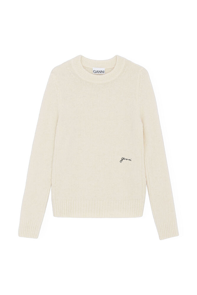 가니 알파카 스웨터 GANNI White Brushed Alpaca O-Neck Sweater,Egret