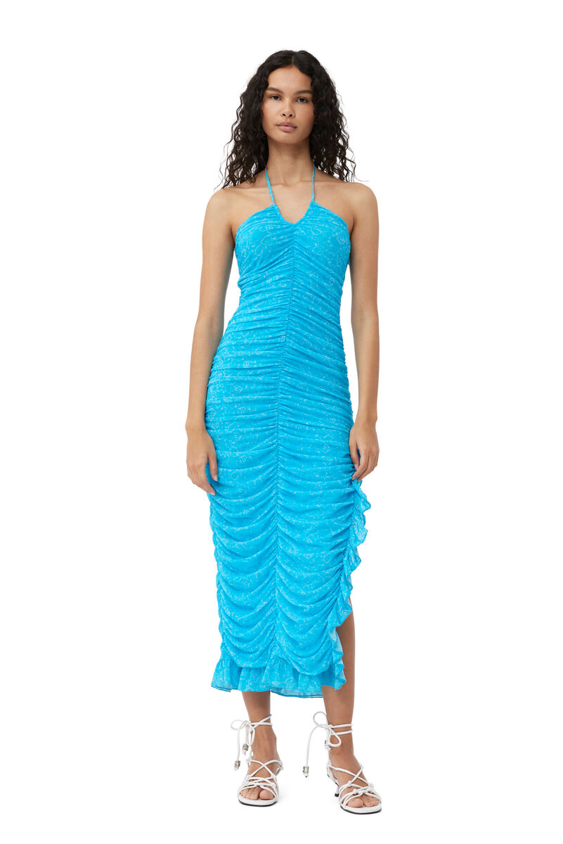 GANNI X ESTER MANAS Printed Mesh Halterneck Gather Dress, Recycled Nylon, in colour Bachelor Blue - 5 - GANNI