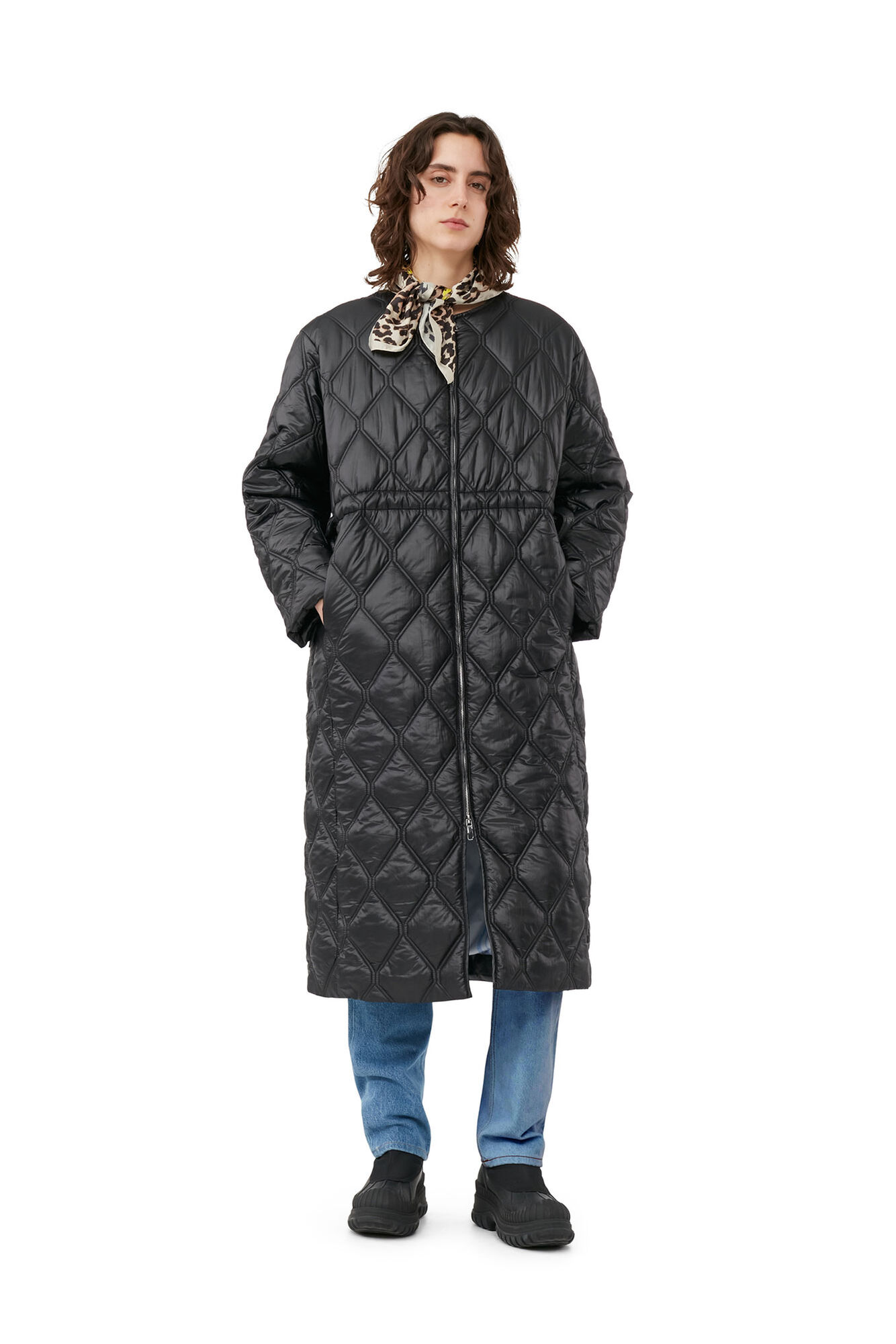 Black Shiny Quilt Long Coat, Nylon, in colour Black - 1 - GANNI
