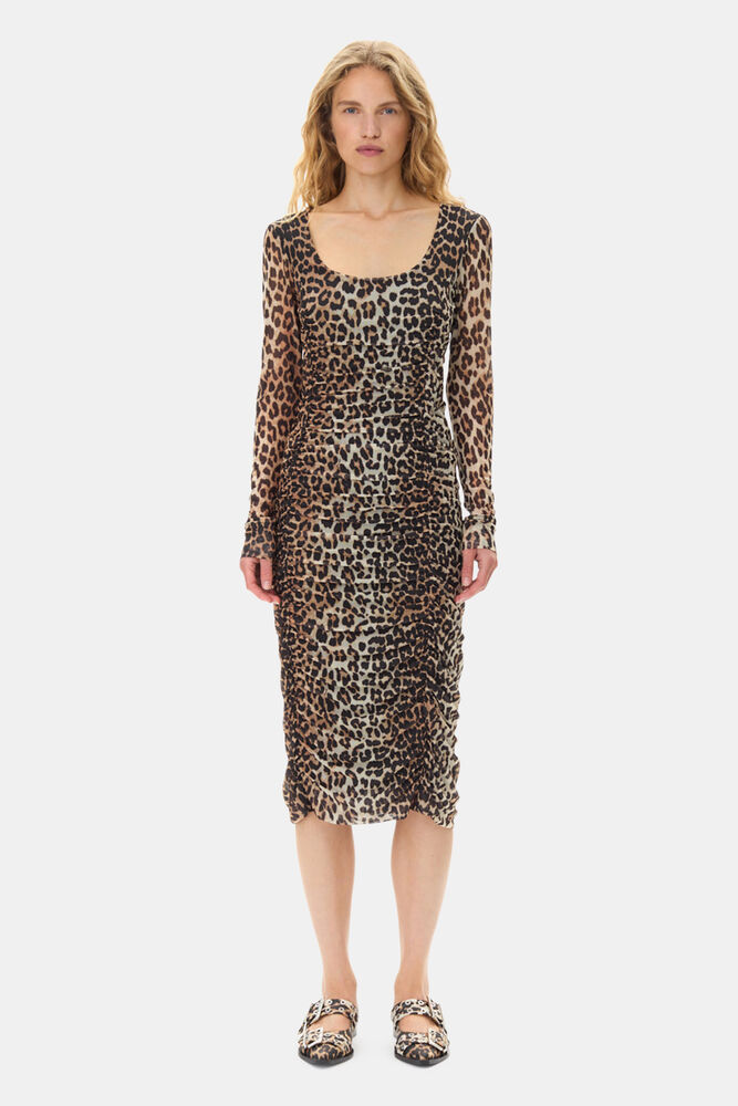 Leopard Mesh Printed Ruched Midi Dress, Leopard