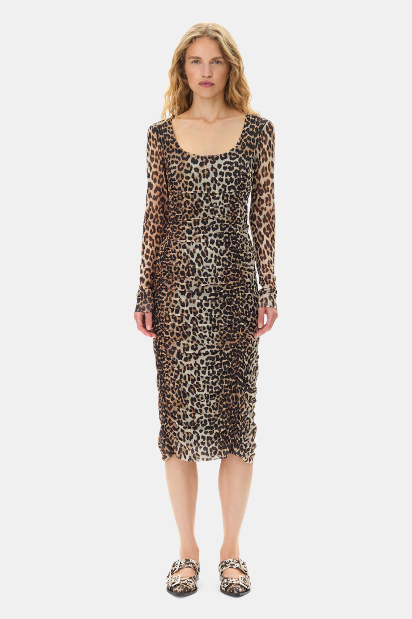 Leopard Mesh Printed Ruched Midi Dress, Elastane, in colour Leopard - 1 - GANNI