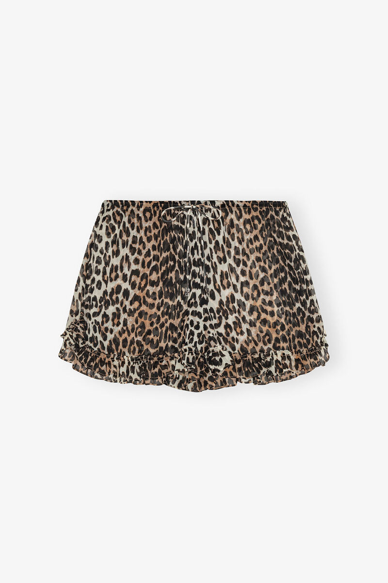 Leopard Chiffon Ruffle Shorts, Recycled Polyester, in colour Leopard - 1 - GANNI