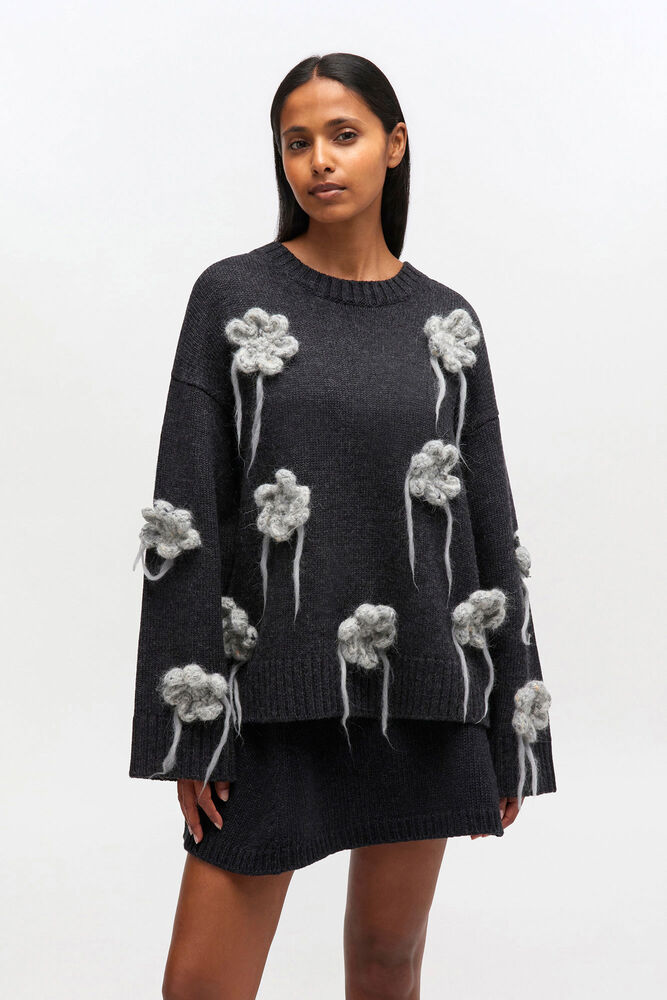 Dark Grey Flower Crochet Sweater, Phantom