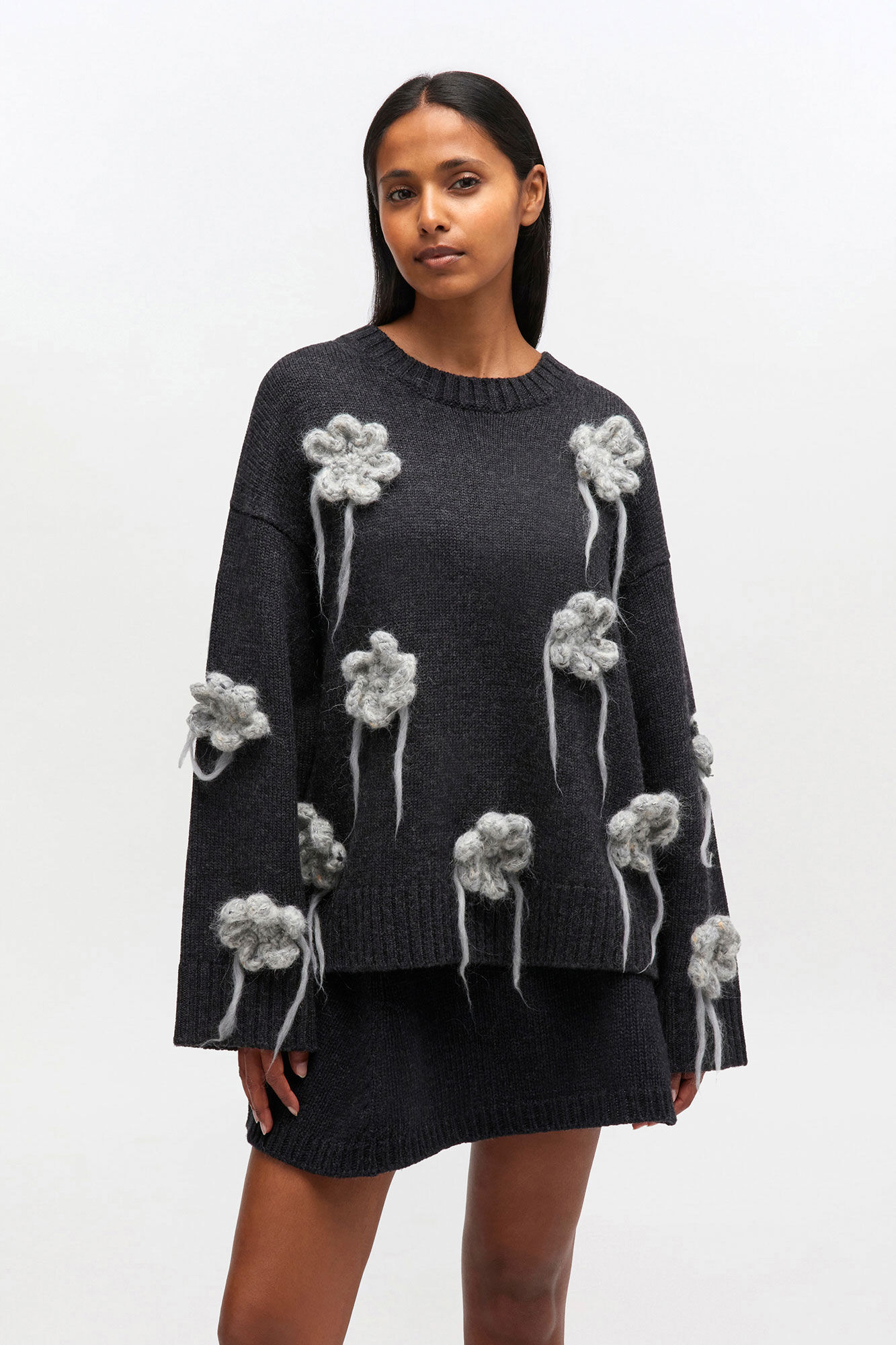 Dark Grey Flower Crochet Sweater, Alpaca, in colour Phantom - 1 - GANNI