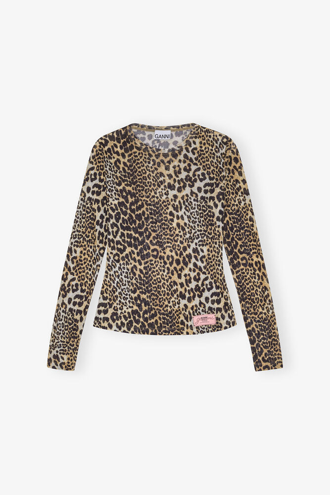 Leopard Printed Mesh Long-sleeve Blouse, Leopard
